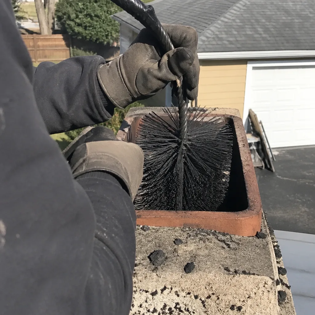 Professional chimney sweep cleaning a fireplace flue from the roof
