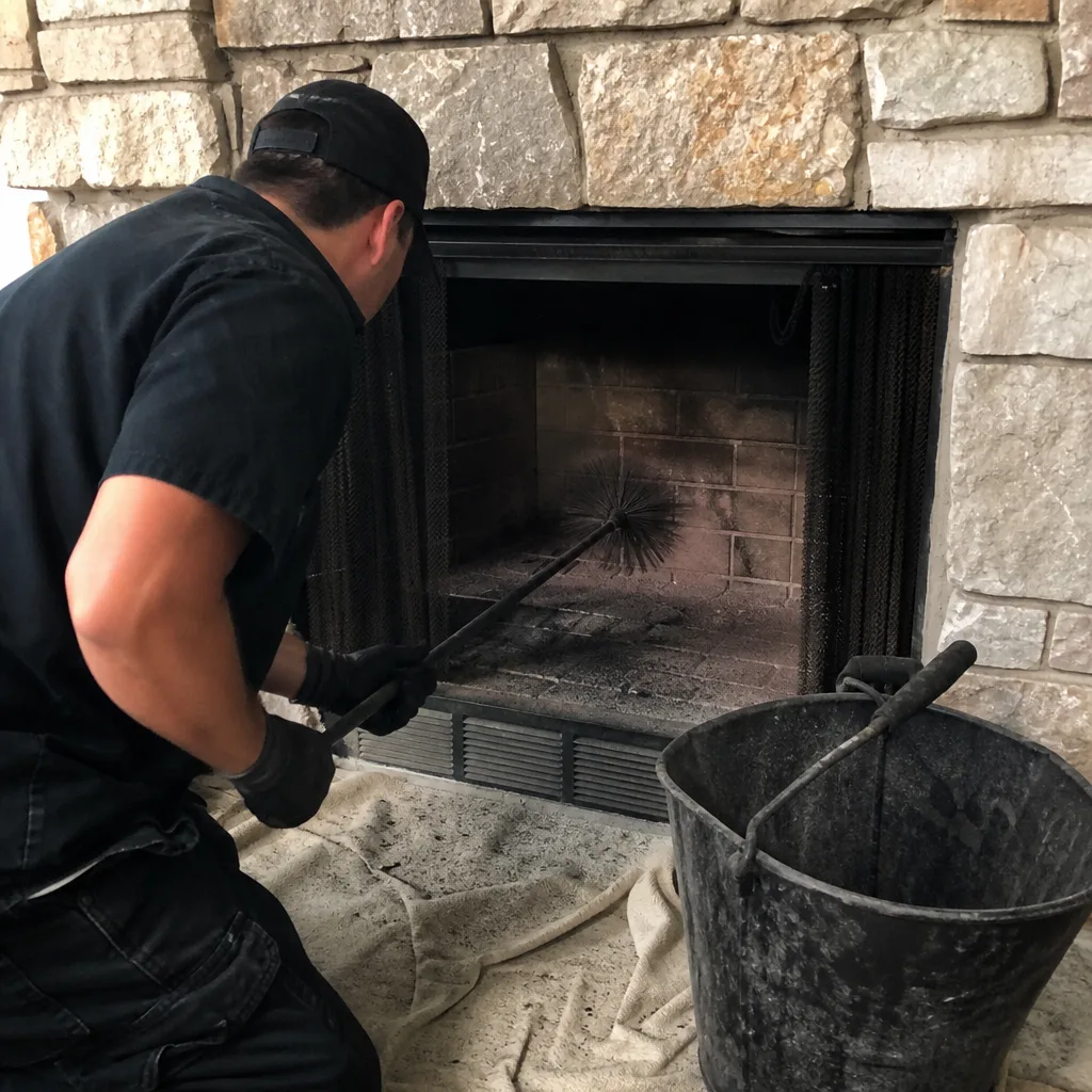 Professional chimney sweep cleaning a stone fireplace with a wire brush.