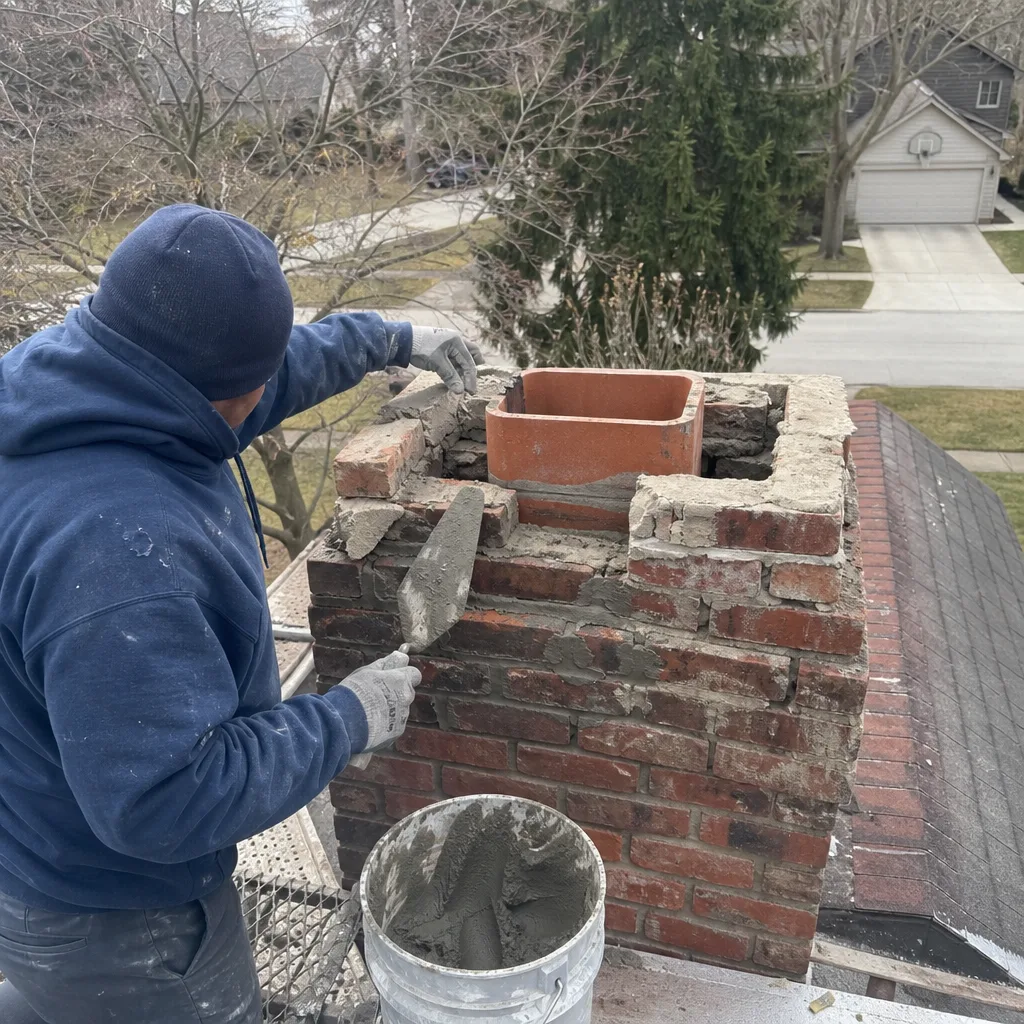 Professional contractor performing brick masonry chimney repair on a residential rooftop