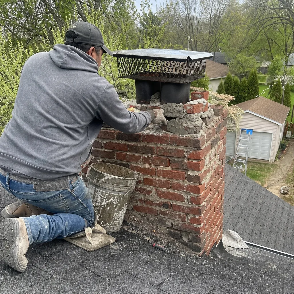 Professional chimney technician performing brick masonry repair on a rooftop