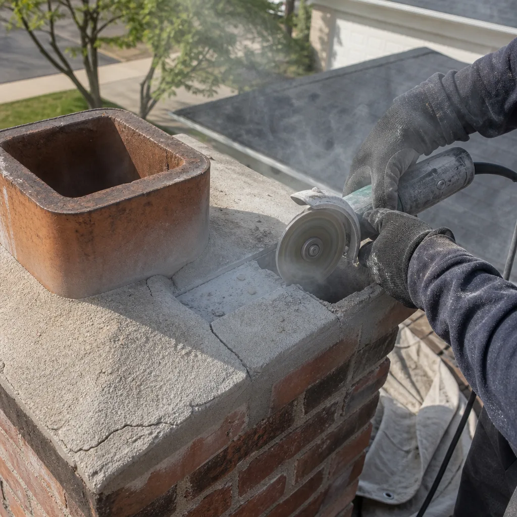 Worker cutting concrete chimney crown with power saw for repair