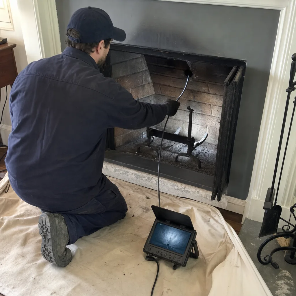 Technician performing a professional fireplace chimney inspection with a camera