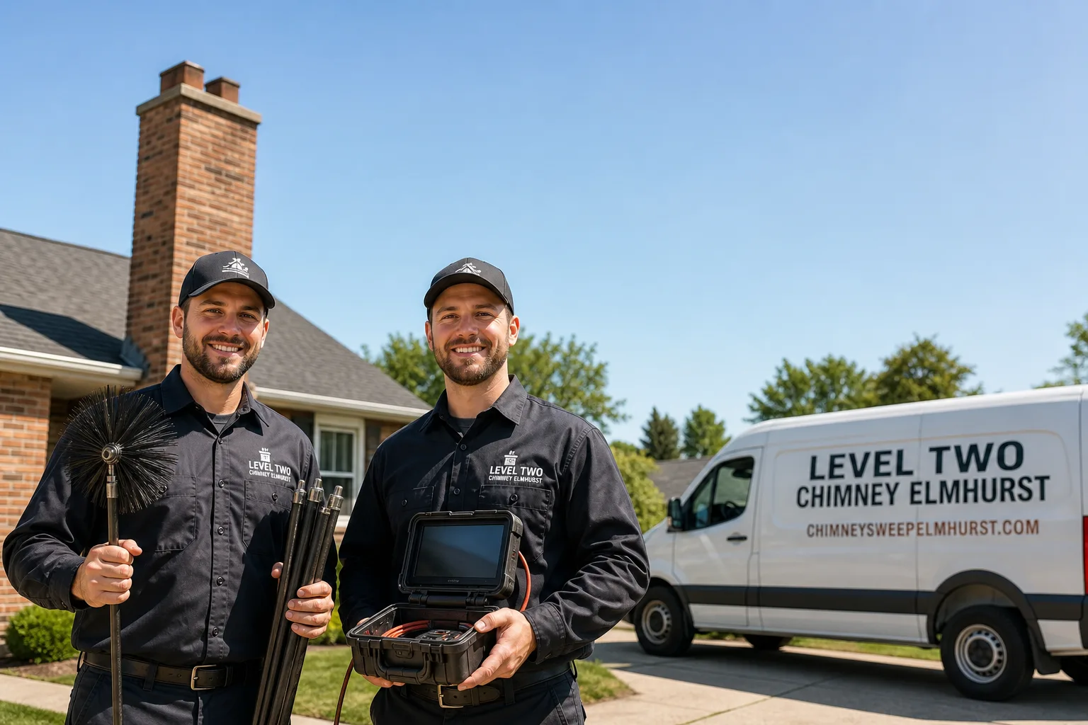 Level Two Chimney Elmhurst chimney cleaning service vehicle and crew in Elmhurst, IL